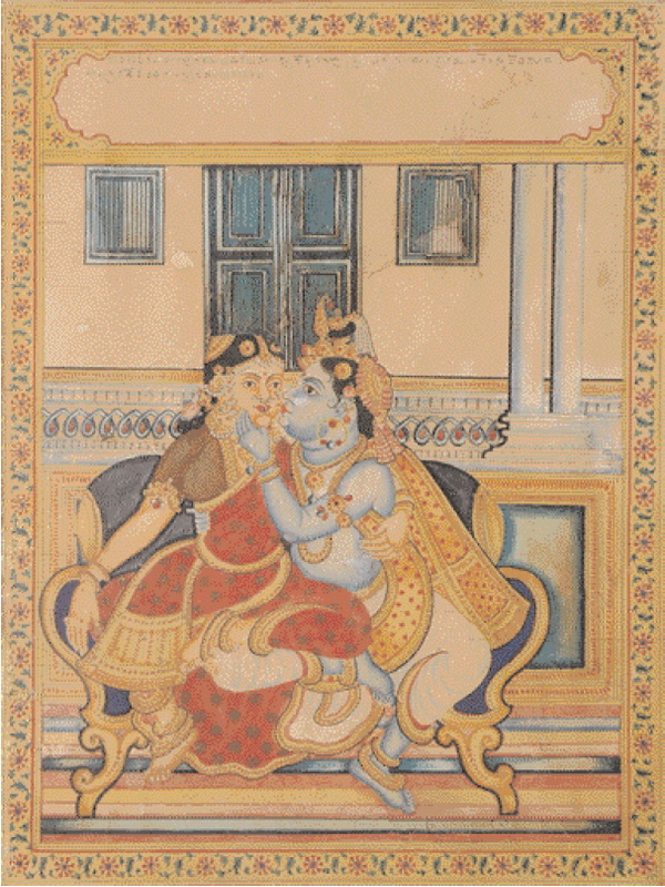 Экспозиции: Неизвестный художник. Кришна занимается любовью с Радхой. 2-я половина XIX века.
