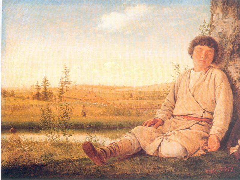 Экспозиции: А.Г.Венецианов. Спящий пастушок. Между 1823 и 1826. Дерево, масло. 27, 5х36,5

