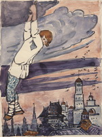 Мальчик висит на облаке. 1896-1898. Эскиз иллюстрации к сказке Отчего медведь стал куцый.
