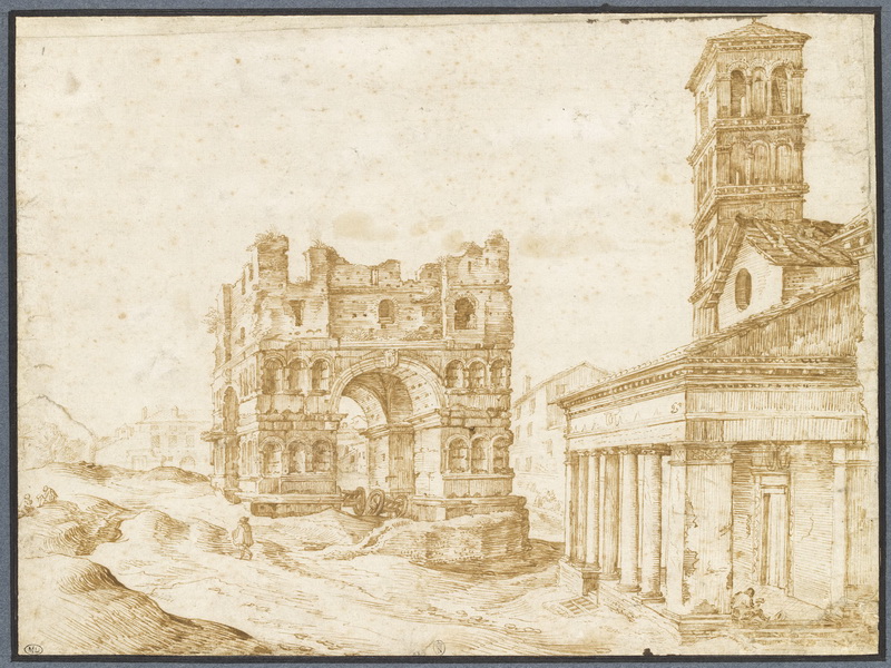Экспозиции: Ян Брейгель Старший (1568-1625). Храм Януса и собор Сан-Джорджио-ин-Велабро в Риме. Около 1593.
