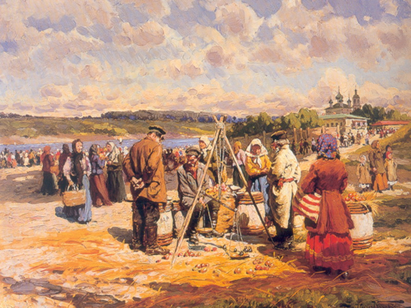 Экспозиции: А.В.Маковский. Базар. 1913. Бумага на холсте, масло. 44х48

