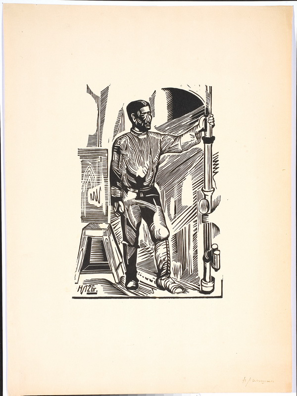 Экспозиции: Лапшин Н.И.   Рабочий. Ксилография, 1928 год.
