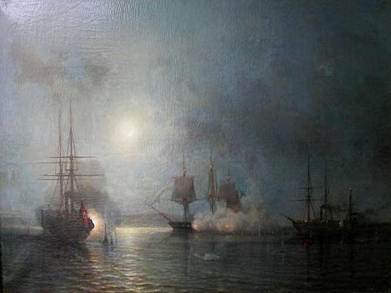 Экспозиции: Боголюбов А. Бой корабля Флора. 1857. Холст, масло
