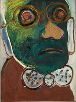 Портрет мужчины в очках и бабочке (Зеленый человек). Оргалит, масло. 38х32. Собрание семьи художника
