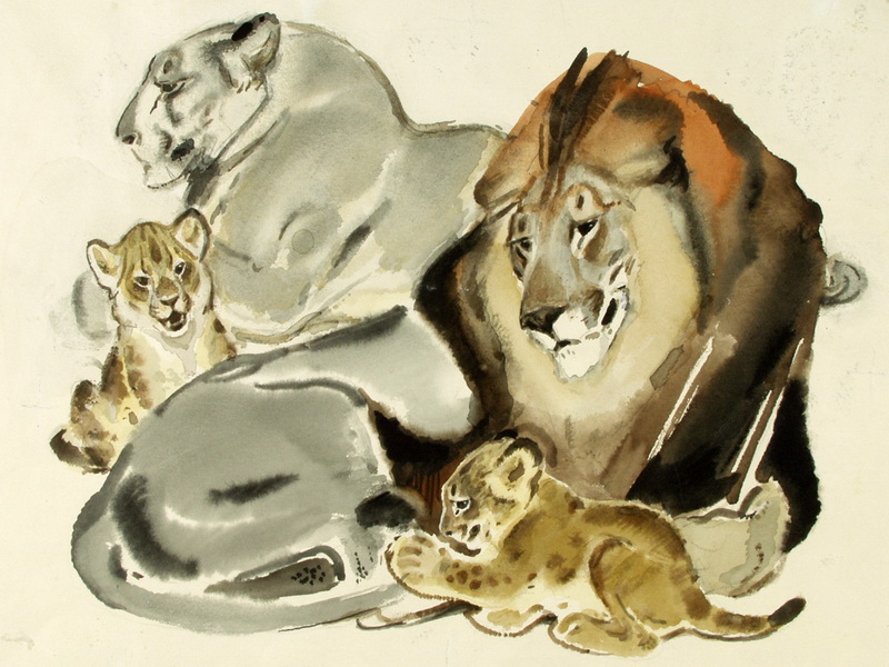 Экспозиции: В.А. Белышев. Львы. Иллюстрация к книге И. Акимушкина Это все кошки. 1967-69
