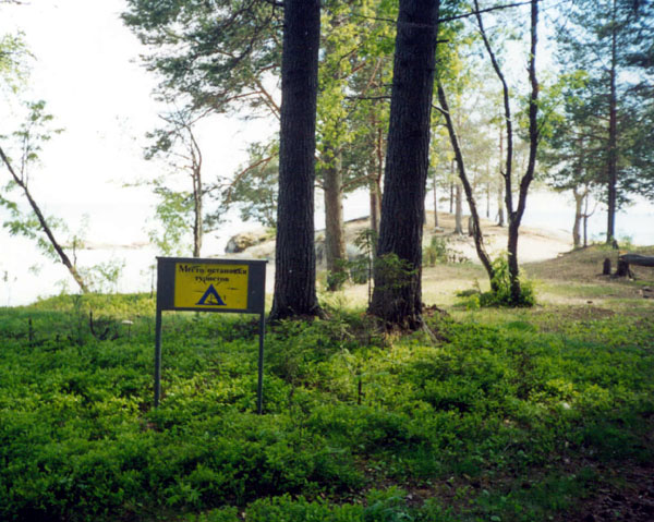 Значимые места: Вид с севера поселения Черная речка VIII и щит с надписью Место остановки туристов
